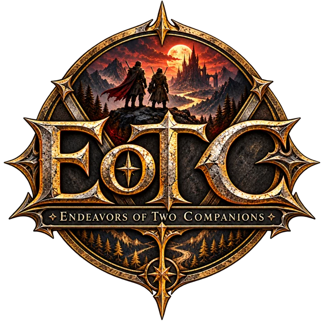 The EoTC crest: two companions on a cliff under a blood moon, in a gold and bronze frame
