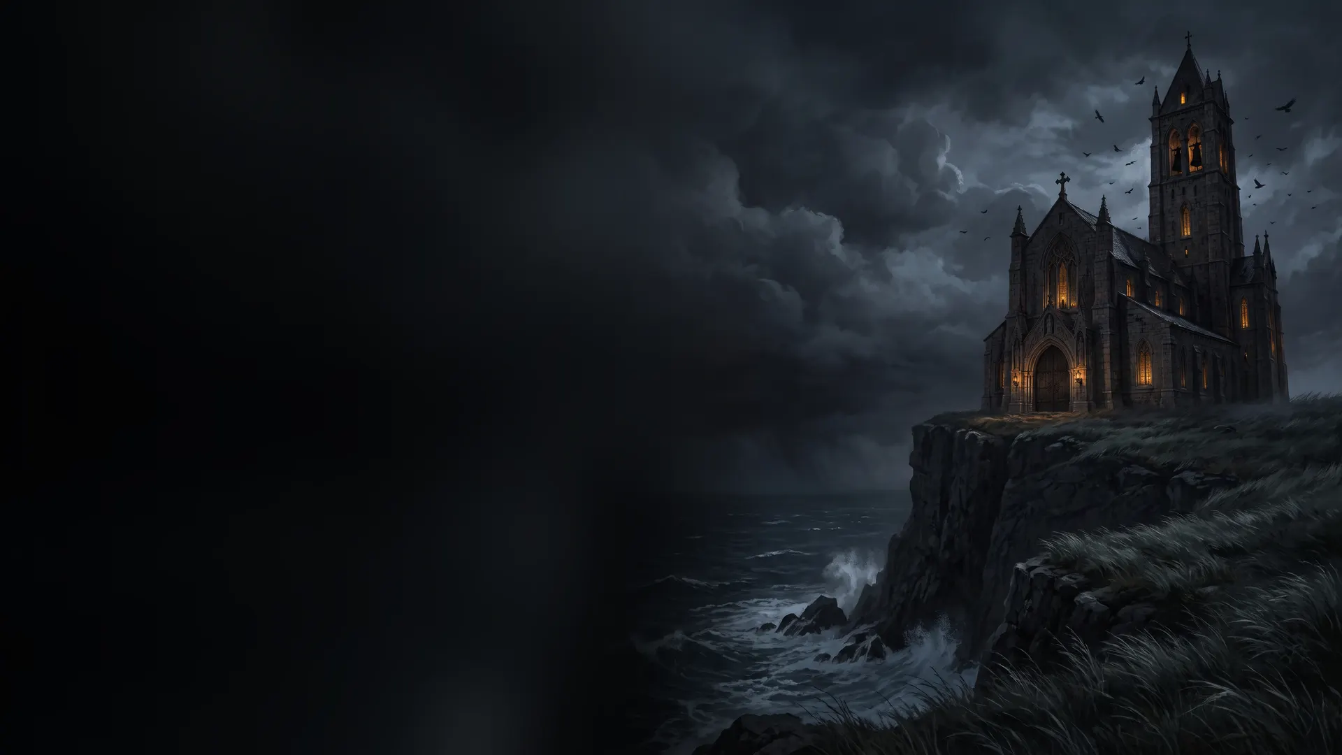 The Monastery of Saint Dismas on a storm-lashed cliff at night
