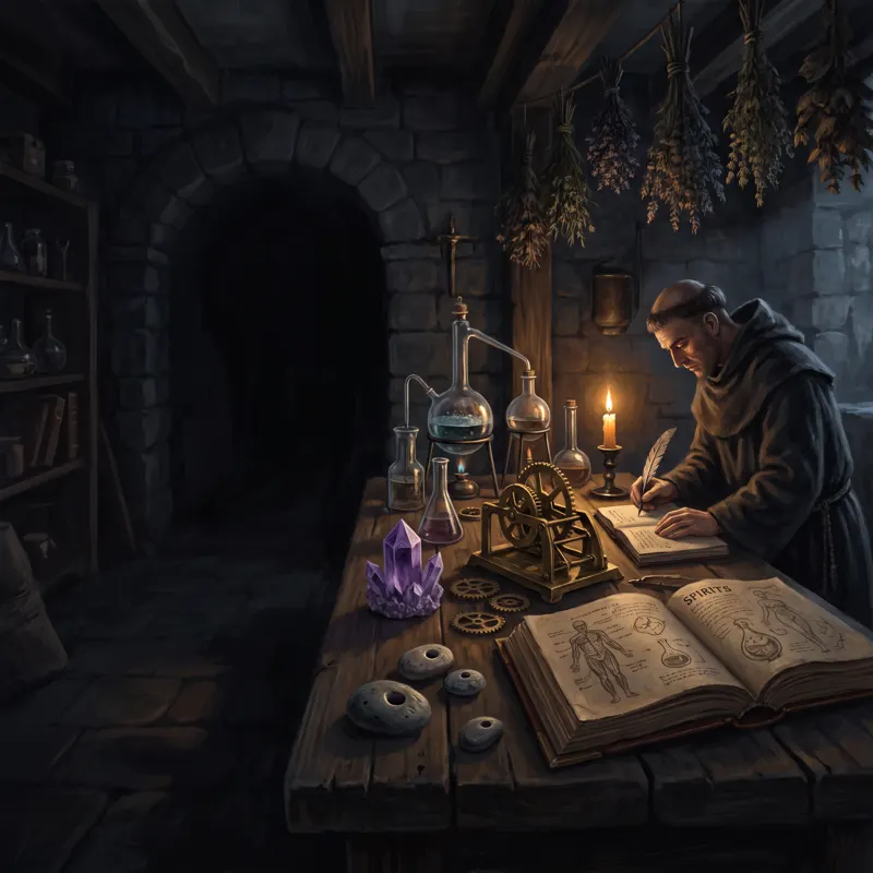 The monks’ workshop, lit by candles